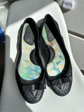 Børn Quilted Black Leather Ballet Flats Comfort Shoes Floral Insole size10